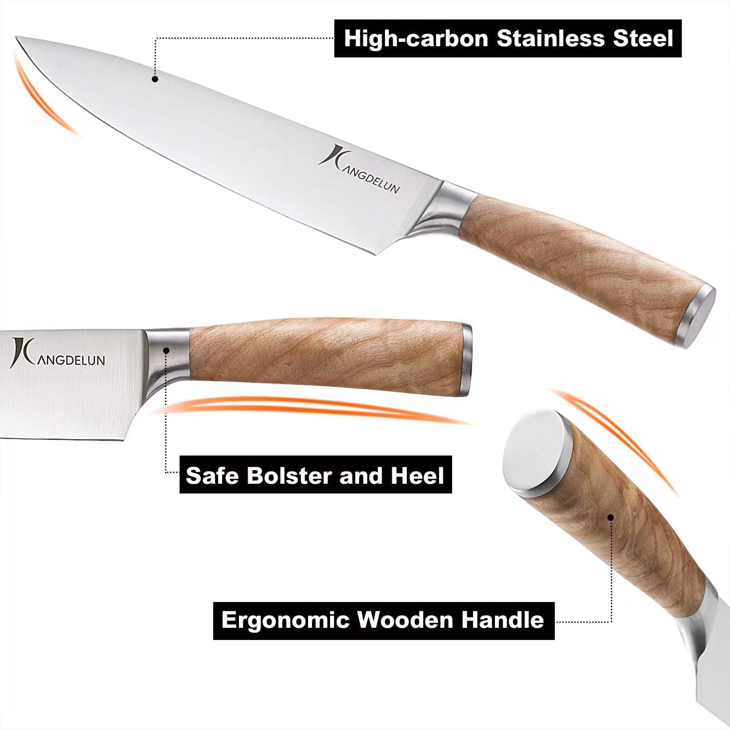 Kangdelun Natura Series – Juego de 14 bloques de cuchillos, acero inoxidable de alto carbono ultra afilado con mango de madera