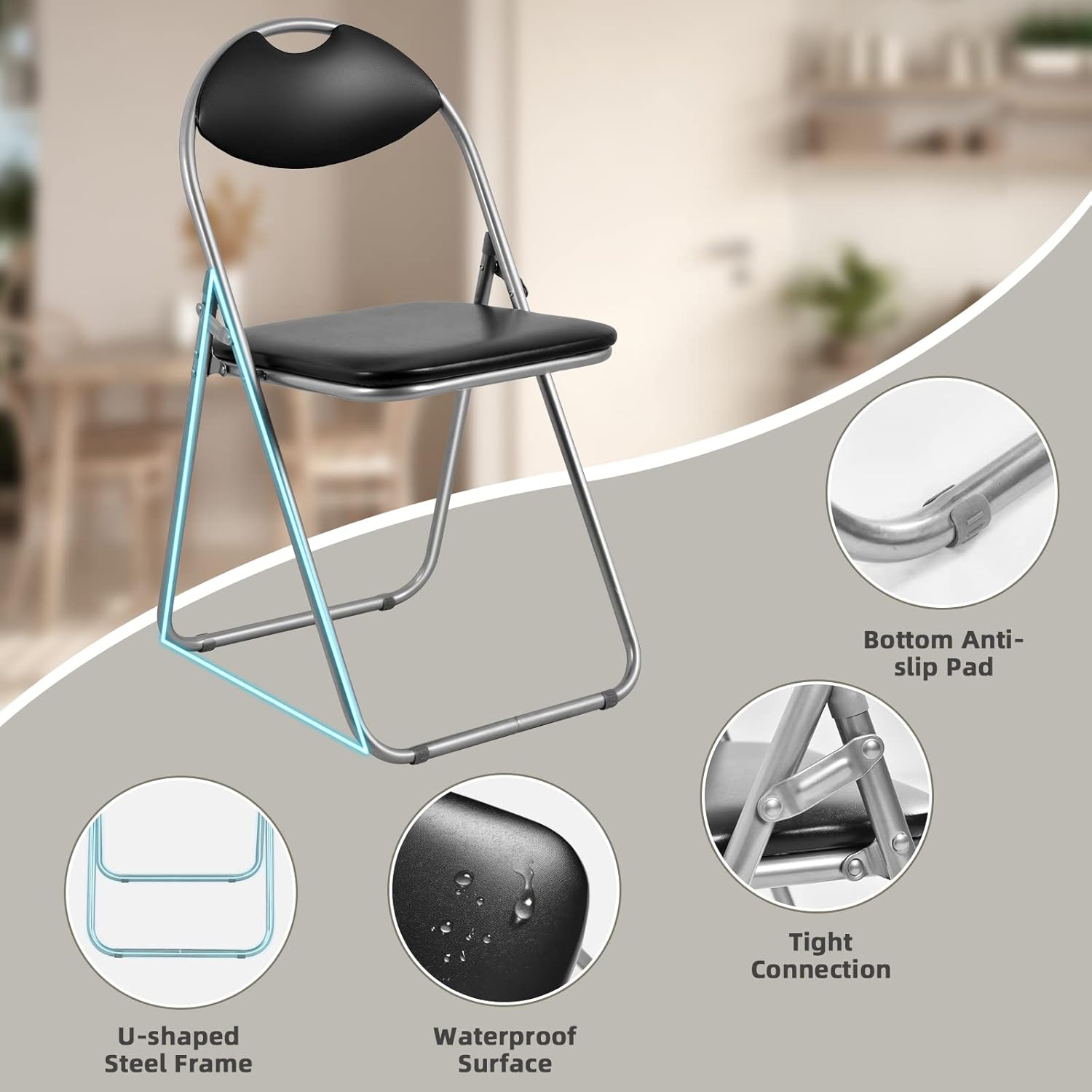 ARLIME Paquete de 2 sillas plegables con asientos acolchados, silla plegable de metal con mango de agarre extra, sillas plegables negras para el