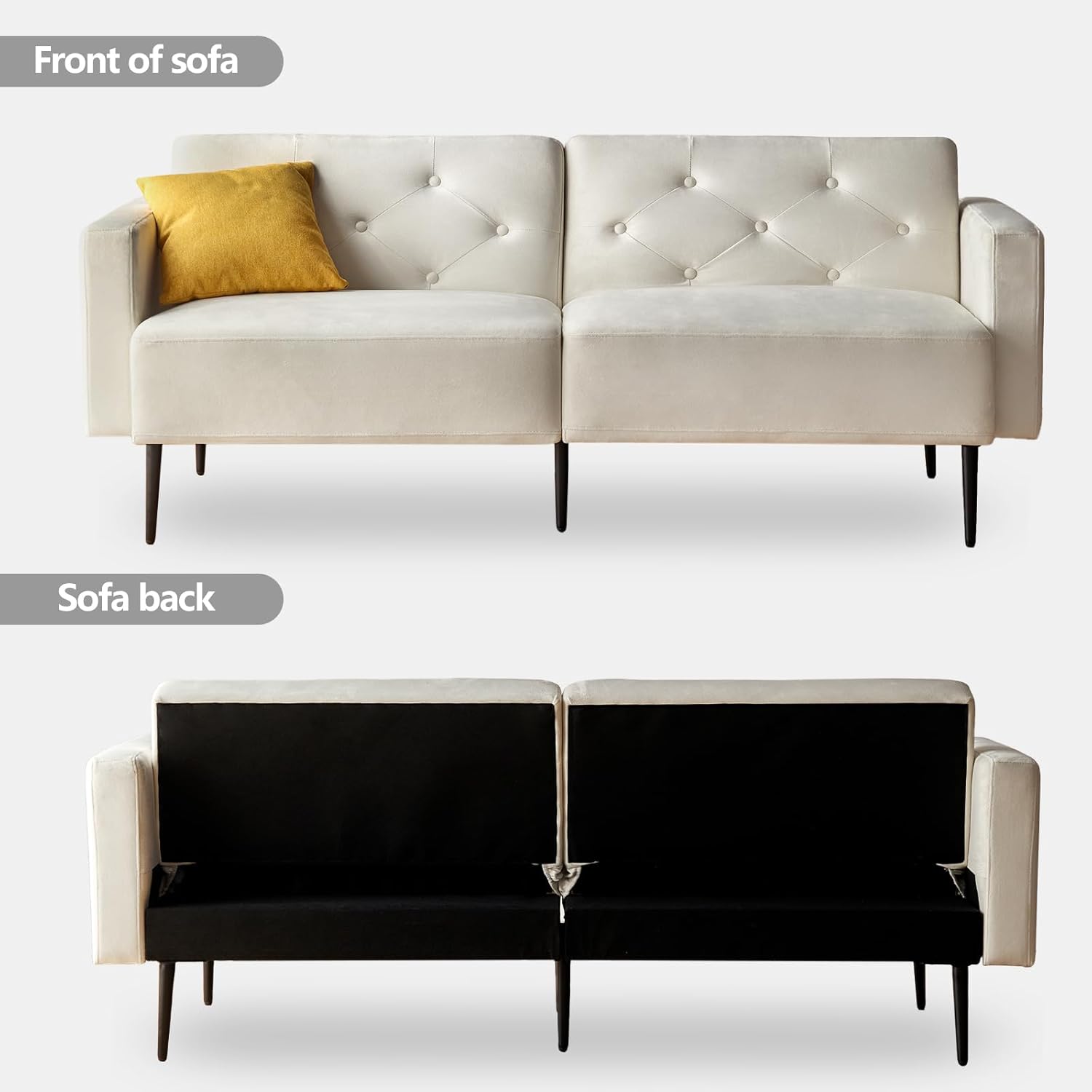 Wimarsbon Sofá cama futón, sofá cama convertible de 74 pulgadas, sofá biplaza tapizado con respaldo ajustable, brazos y patas de metal de alta