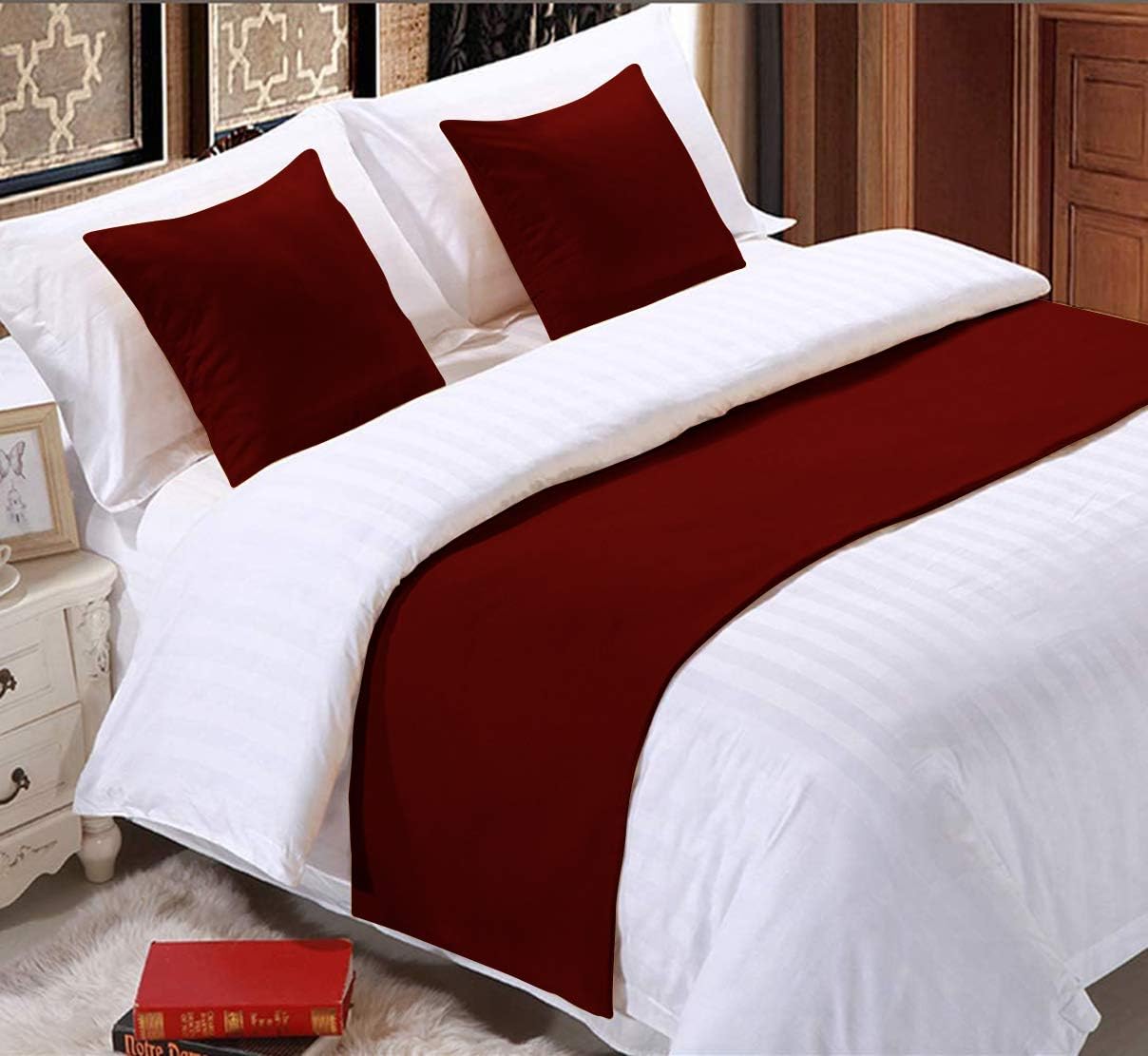 Camino de cama de algodón egipcio de 800 hilos, bufanda decorativa de cama de 1 pieza y 2 fundas de cojín a juego tamaño King borgoña sólido