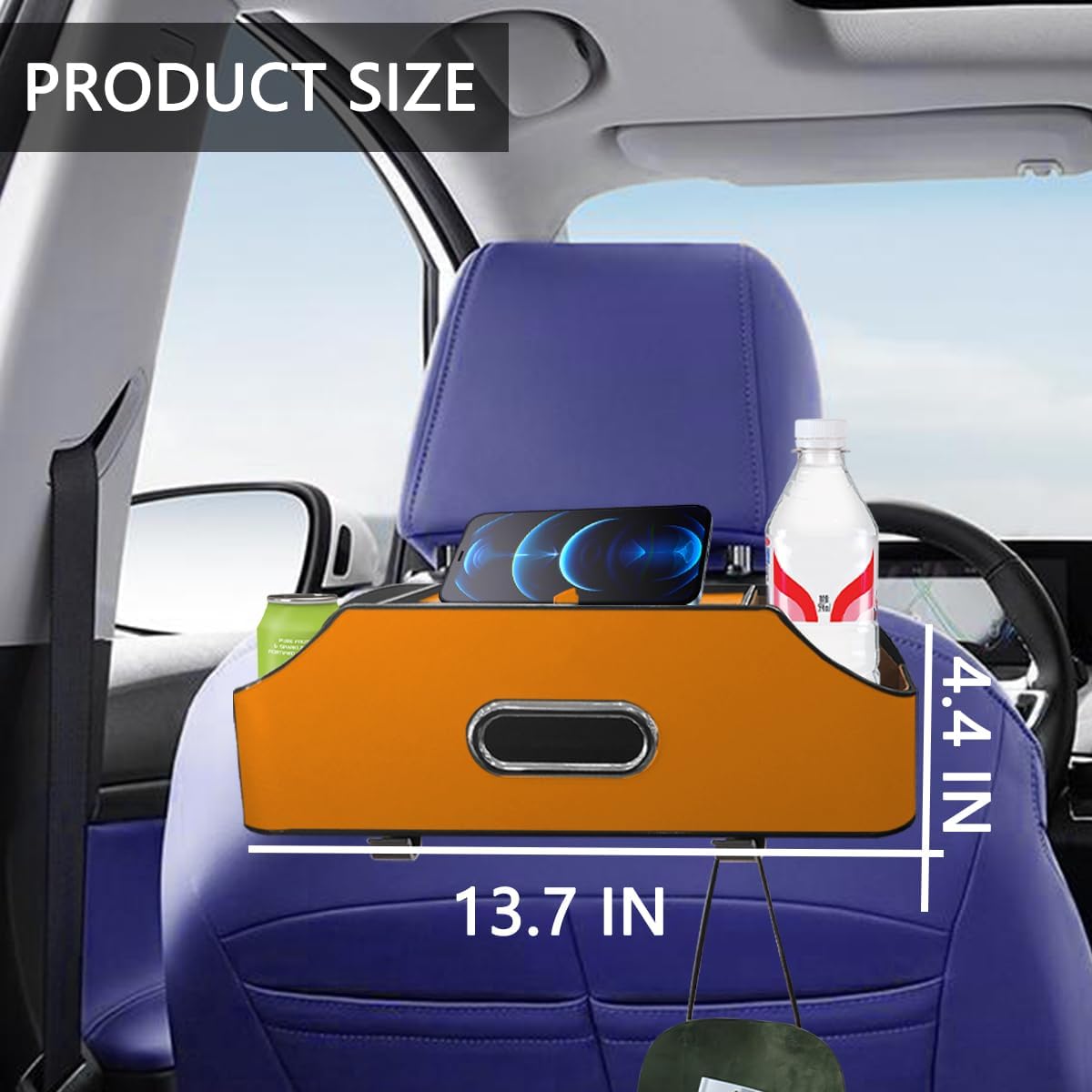 Organizador de respaldo de asiento de automóvil con portavasos y caja de pañuelos, caja de almacenamiento colgante para reposacabezas con ganchos y