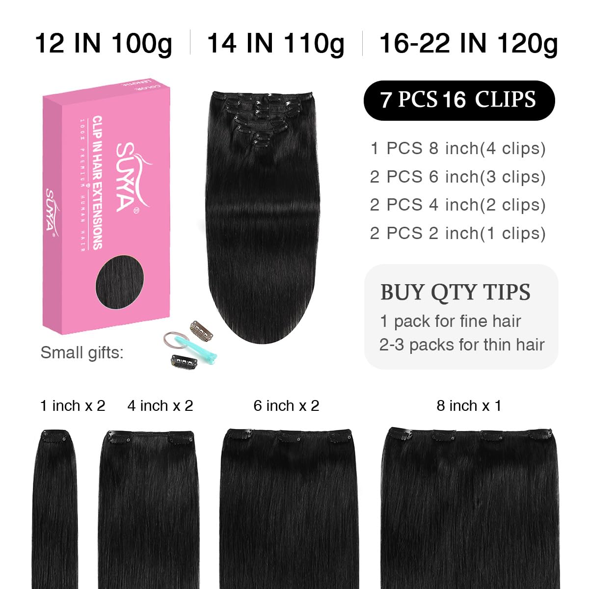 SUYYA Extensiones de cabello humano real con pinzas, 12 pulgadas, 3.53 onzas, 7 piezas de extensiones de cabello humano con clip, color negro