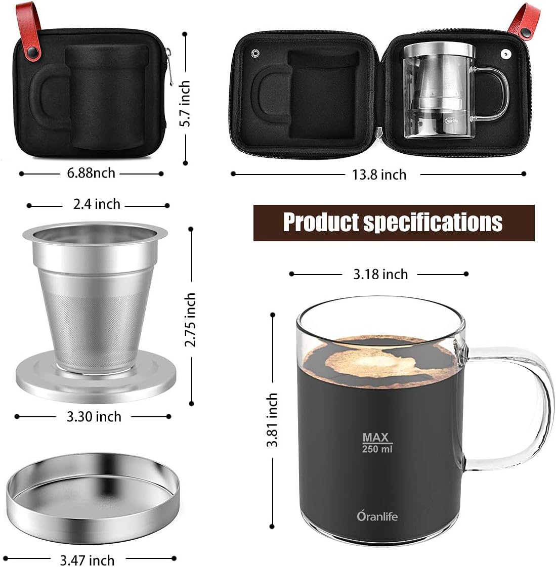 Oranlife Juego de cafetera para viajescampamentossenderismo, taza individual, filtro de café de acero inoxidable, taza de vidrio de borosilicato de