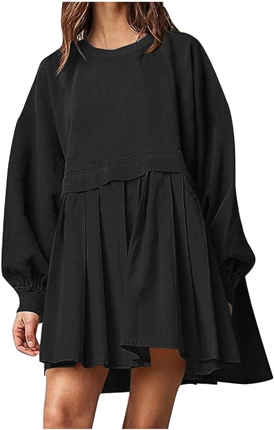 Vestido tipo sudadera de gran tamaño para mujer, casual, manga larga, cuello redondo, sin botones, suelto, corto, plisado, mini vestido