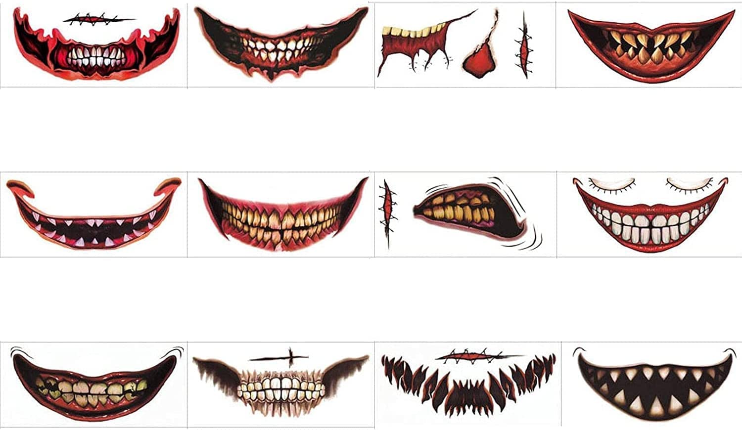 Maquillaje de broma de Halloween, tatuajes temporales de cara grande de Halloween (paquete de 12)
