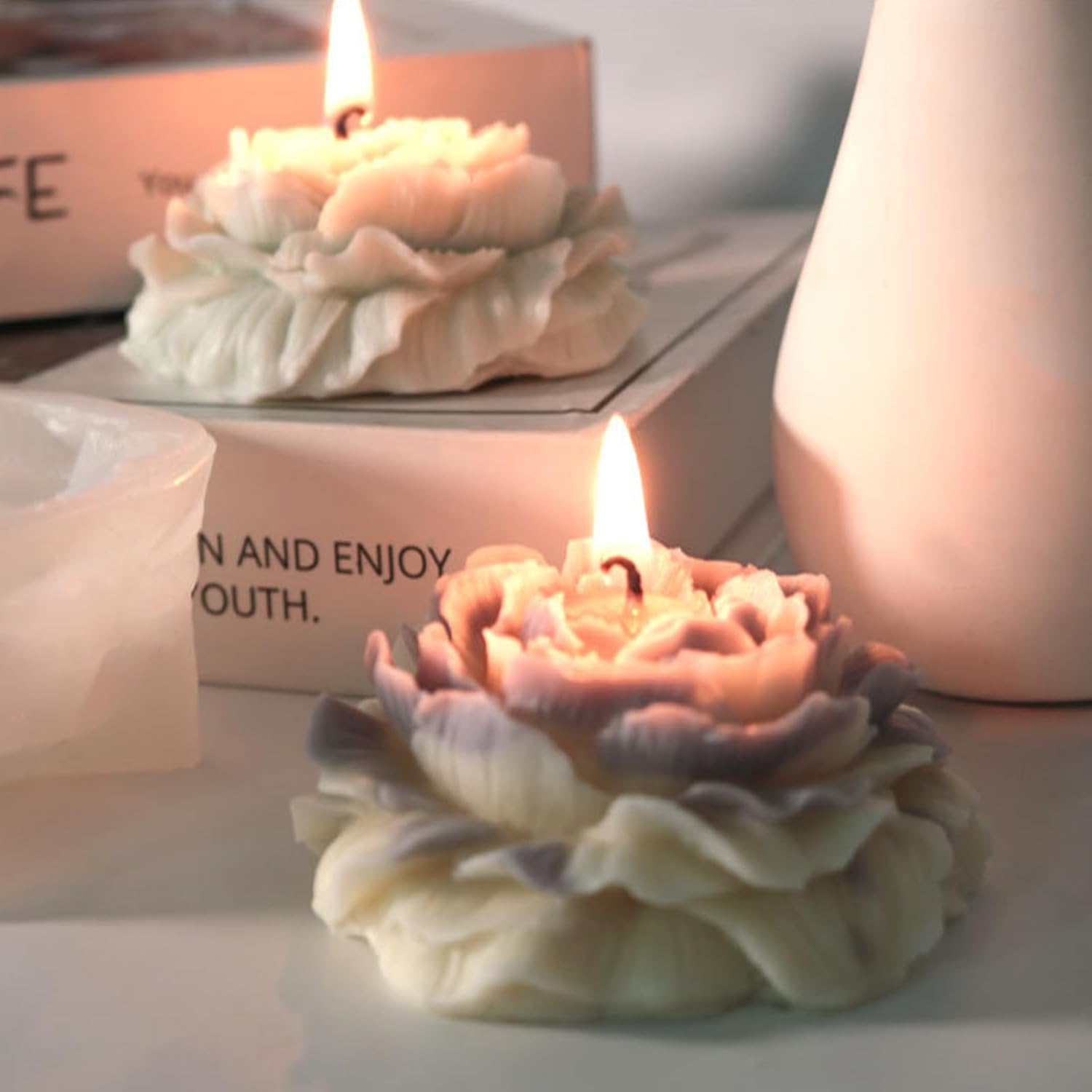 BIBABLYKE Molde de vela de silicona de peonía grande 3D, hecho a mano, creativo, flores, aromaterapia, yeso, resina, suministros para hacer jabón,