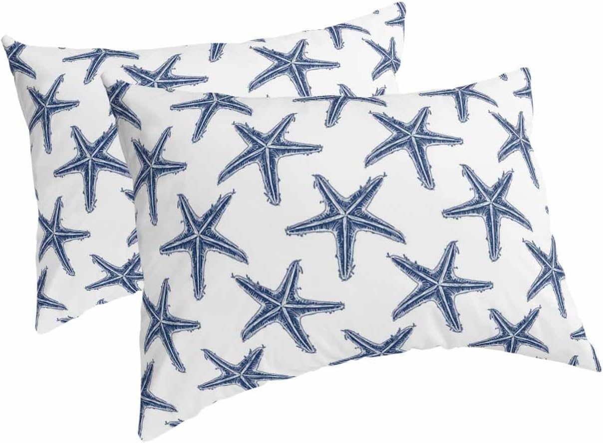 Juego de 2 fundas de almohada tamaño King con estrellas de mar de playa azul marino, fundas de almohada de microfibra para cama, fundas de almohada