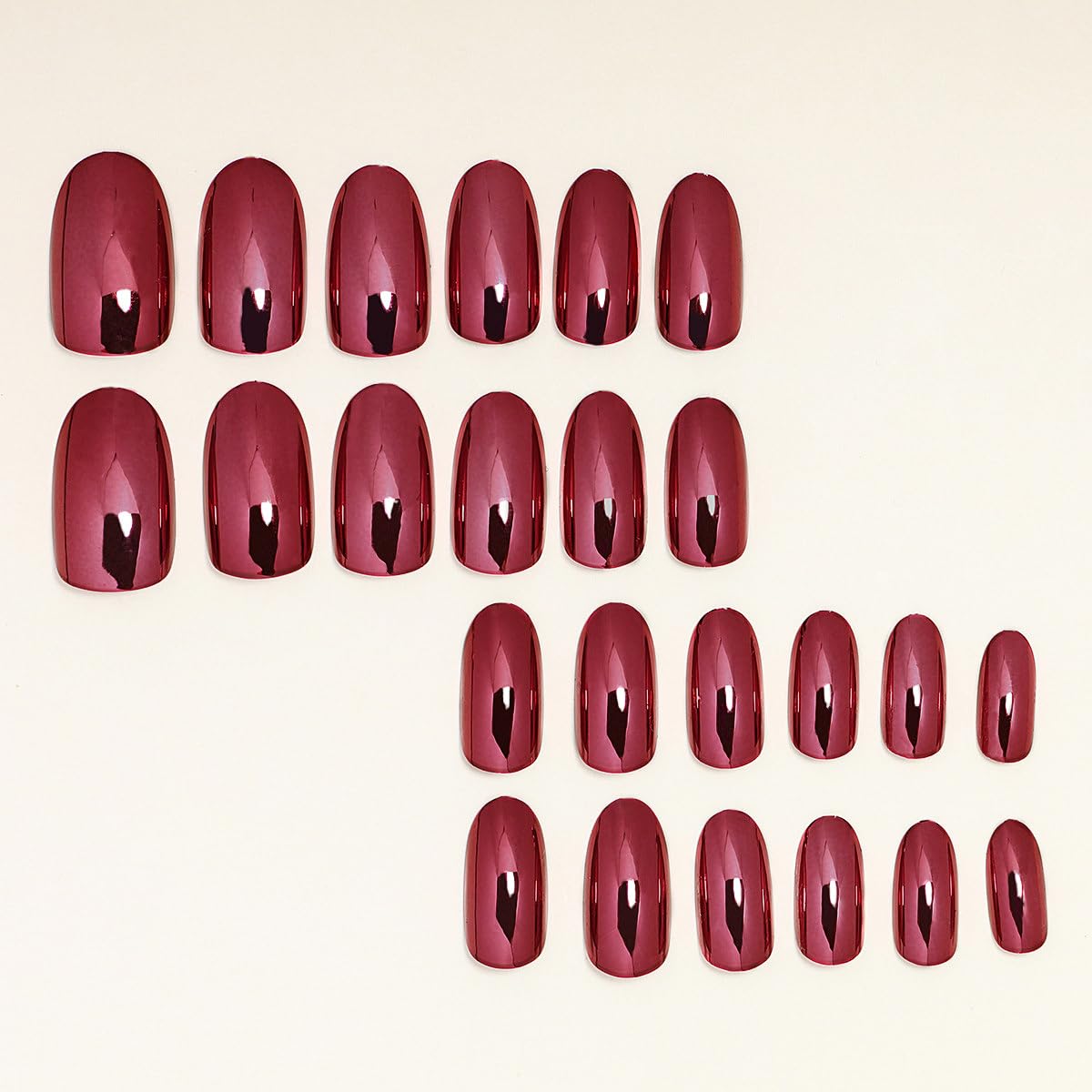 Uñas postizas a presión medianas ovaladas, uñas postizas acrílicas de almendra, uñas postizas color rojo vino con diseños de efecto espejo mágico