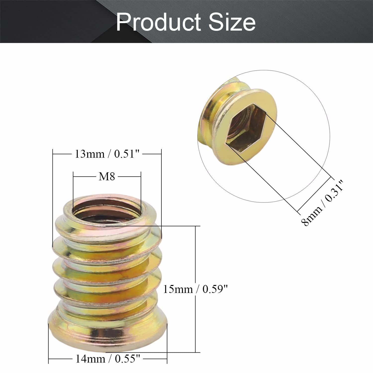 MroMax Insertos roscados hexagonales, rosca interna M8, unidad hexagonal con brida de 0.59 pulgadas de longitud, tuerca roscada, insertos de madera
