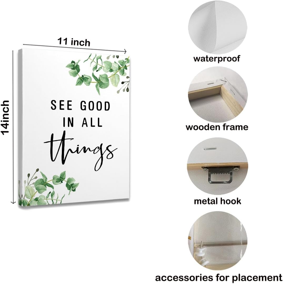 Lienzo enmarcado con citas inspiradoras, See Good In All Things, decoración de pared de 11 x 14 pulgadas, cita motivacional, hojas de eucalipto,