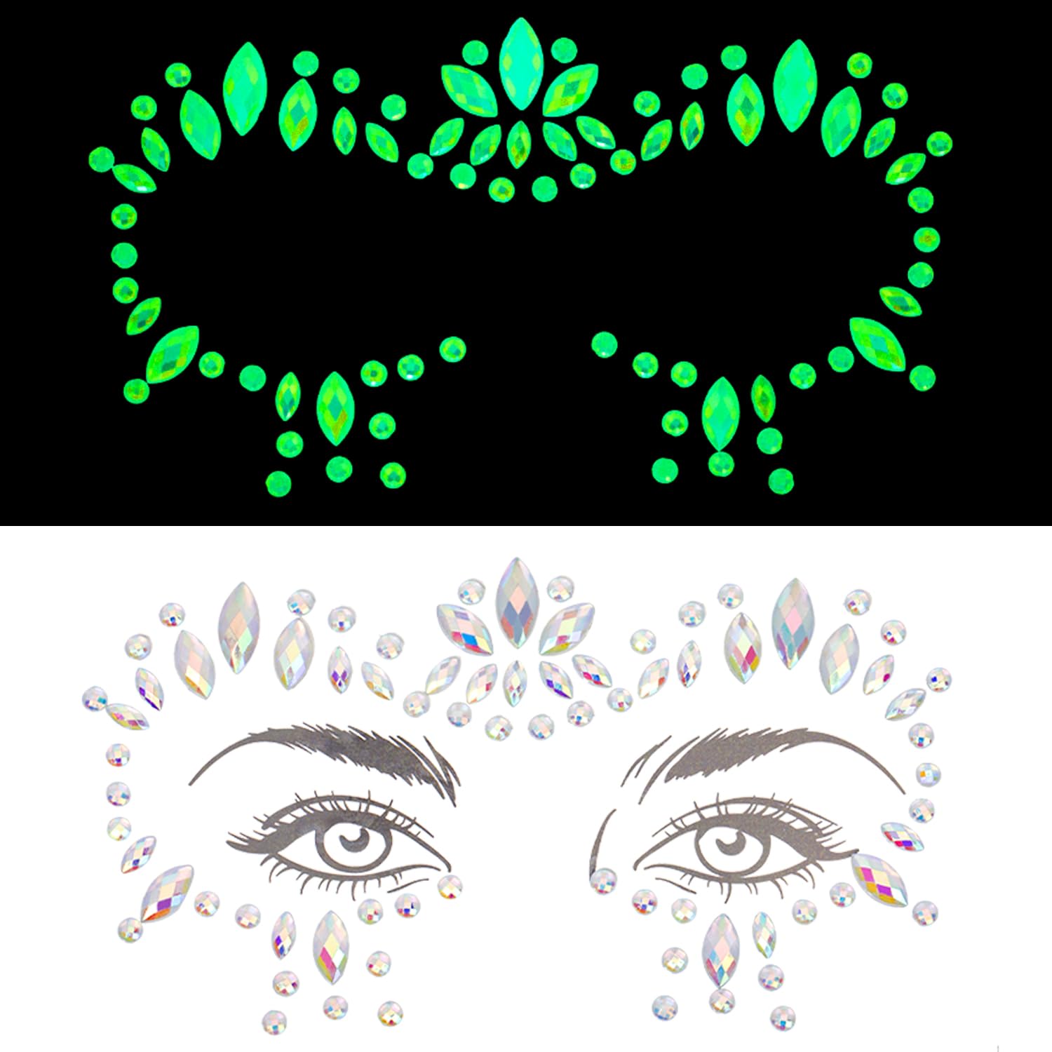 6 hojas de tatuajes temporales para la cara del cuerpo, impermeables, calcomanías de diamantes de imitación, gemas de maquillaje para mujeres,
