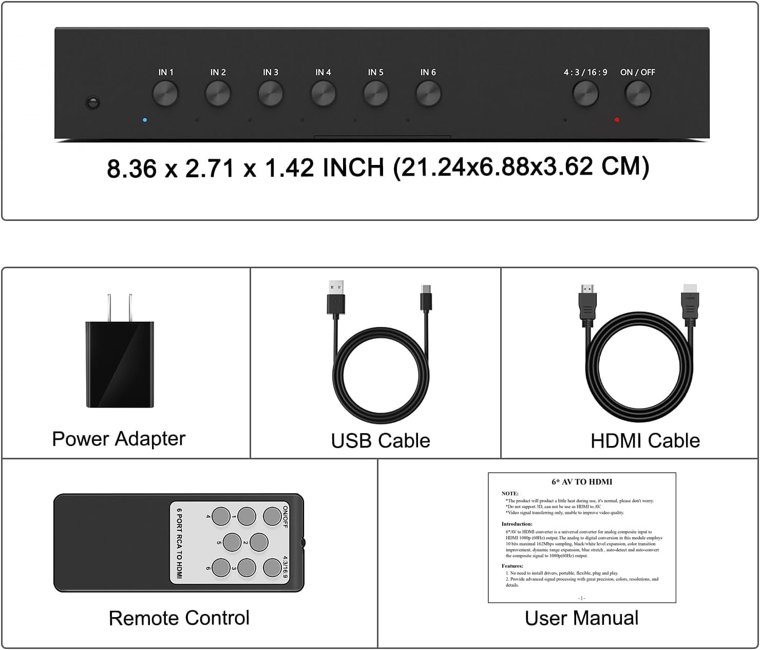 Y.D.F 6 puertos RCA a HDMI Convertidor 6 vías RCA compuesto CVBS AV interruptor a HDMI convertidor adaptador soporte 43169 conmutación para Sega
