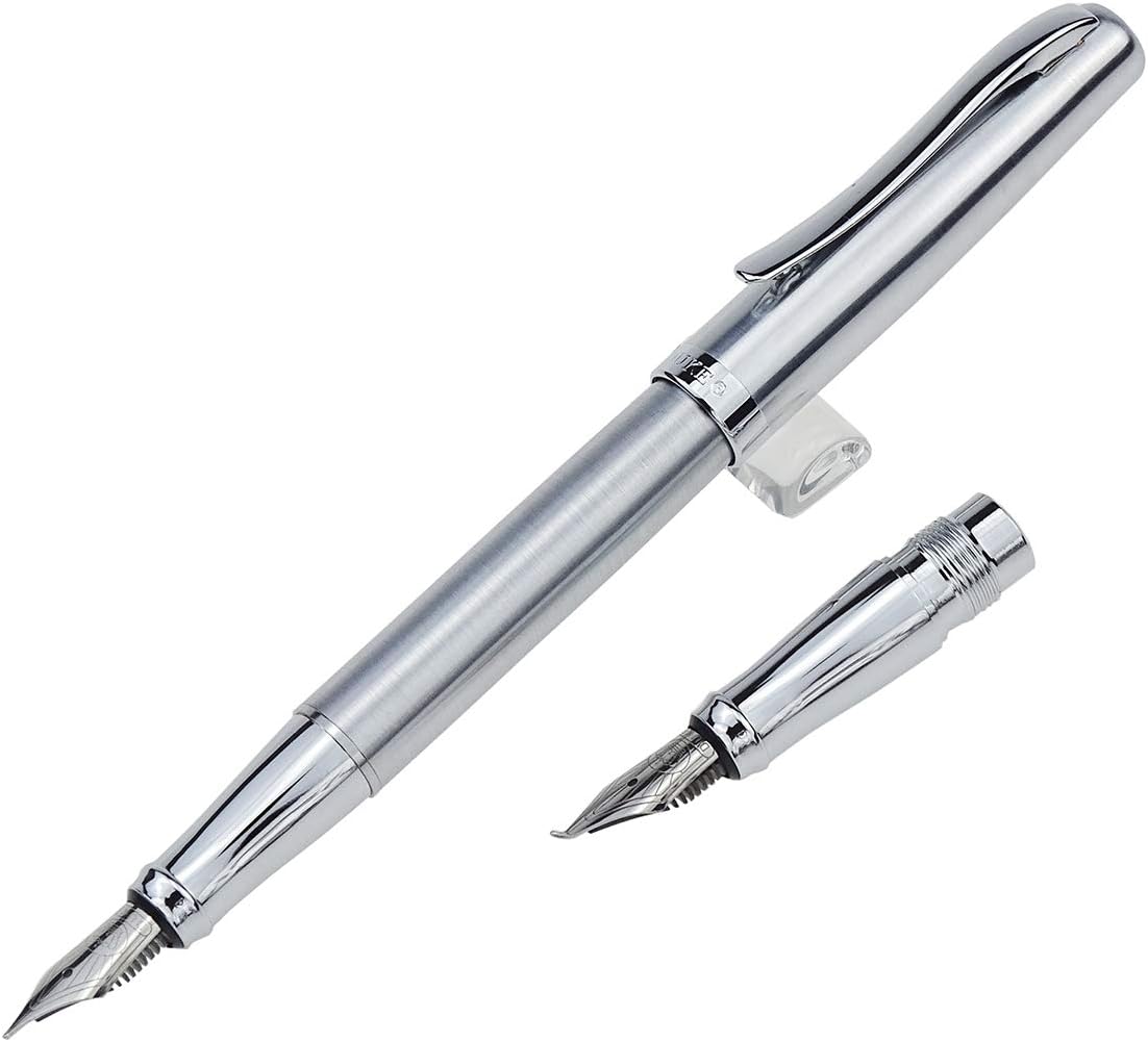 Duke 209 – Pluma estilográfica de acero plateado de doble punta mediana y doblada, juego de escritura intercambiable con caja de regalo