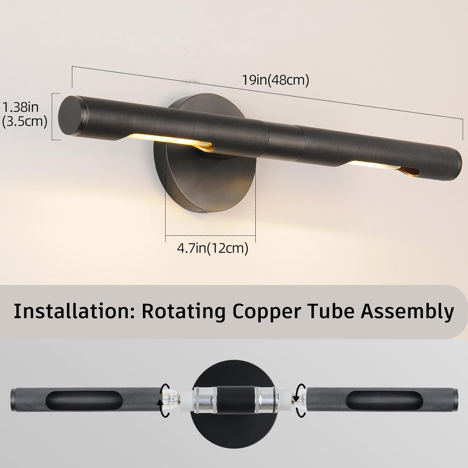 Apliques de pared negros para baño de 19 pulgadas, con textura moleteada, apliques de pared giratorios de cobre puro de 360, aplique de pared para