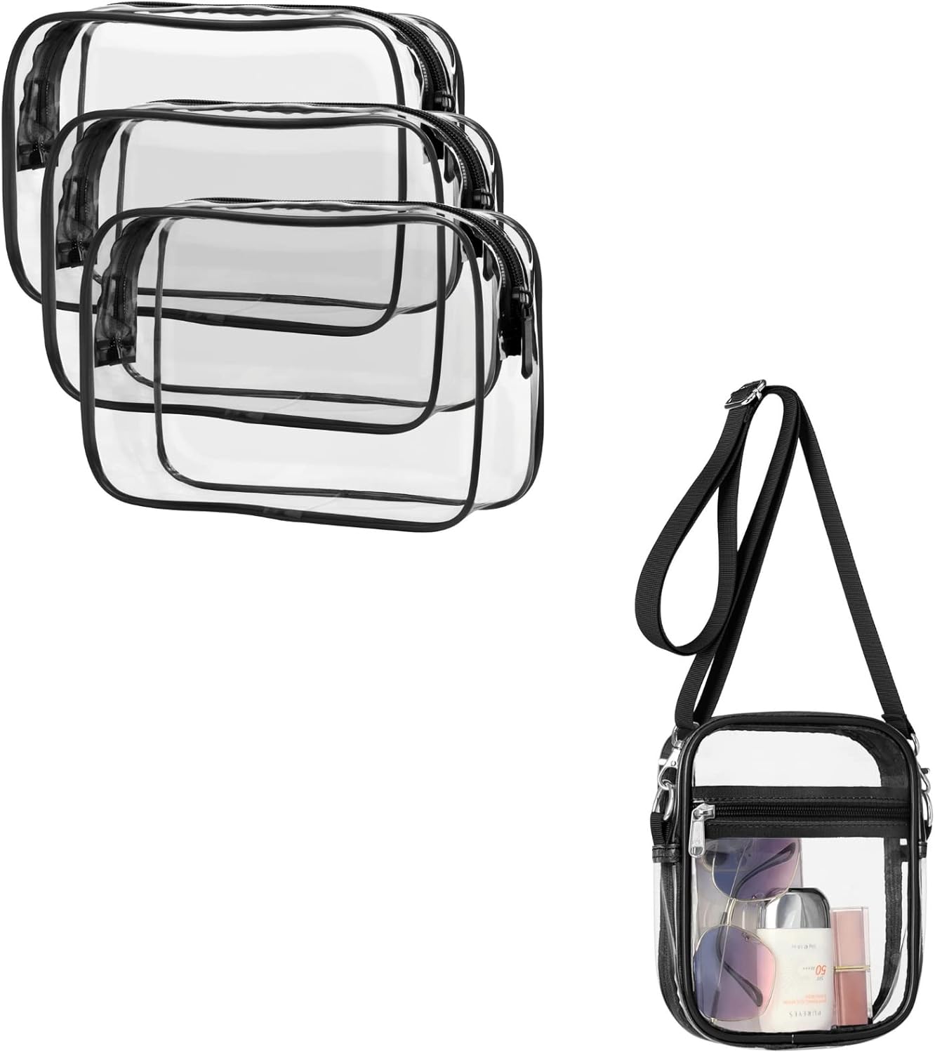 PACKISM Paquete de 3 bolsas de aseo aprobadas por la TSA y bolsa transparente aprobada por estadios, paquete de 3 unidades, grande negro y mini