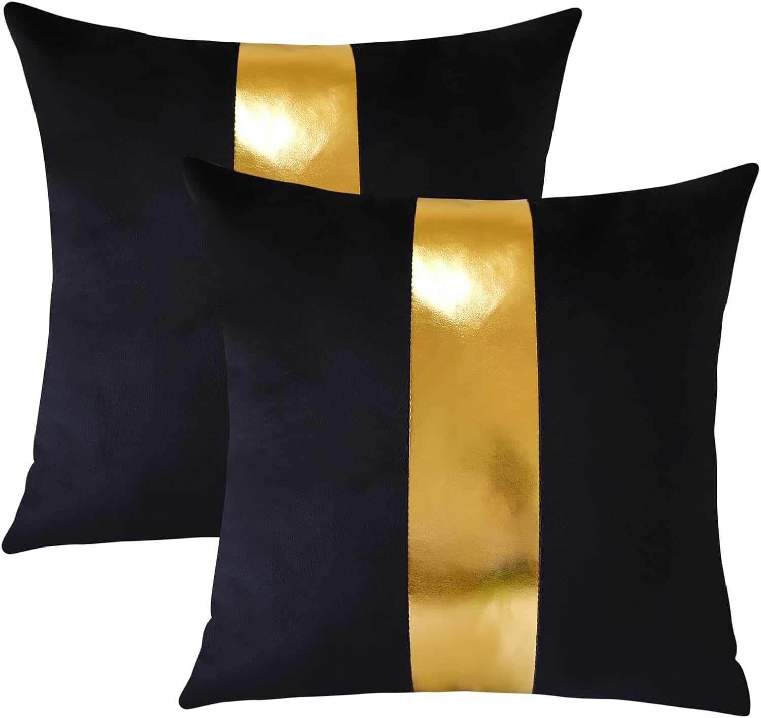Artscope Juego de 2 fundas de almohada de terciopelo negro con costuras de cuero dorado, fundas de almohada cuadradas modernas y minimalistas para