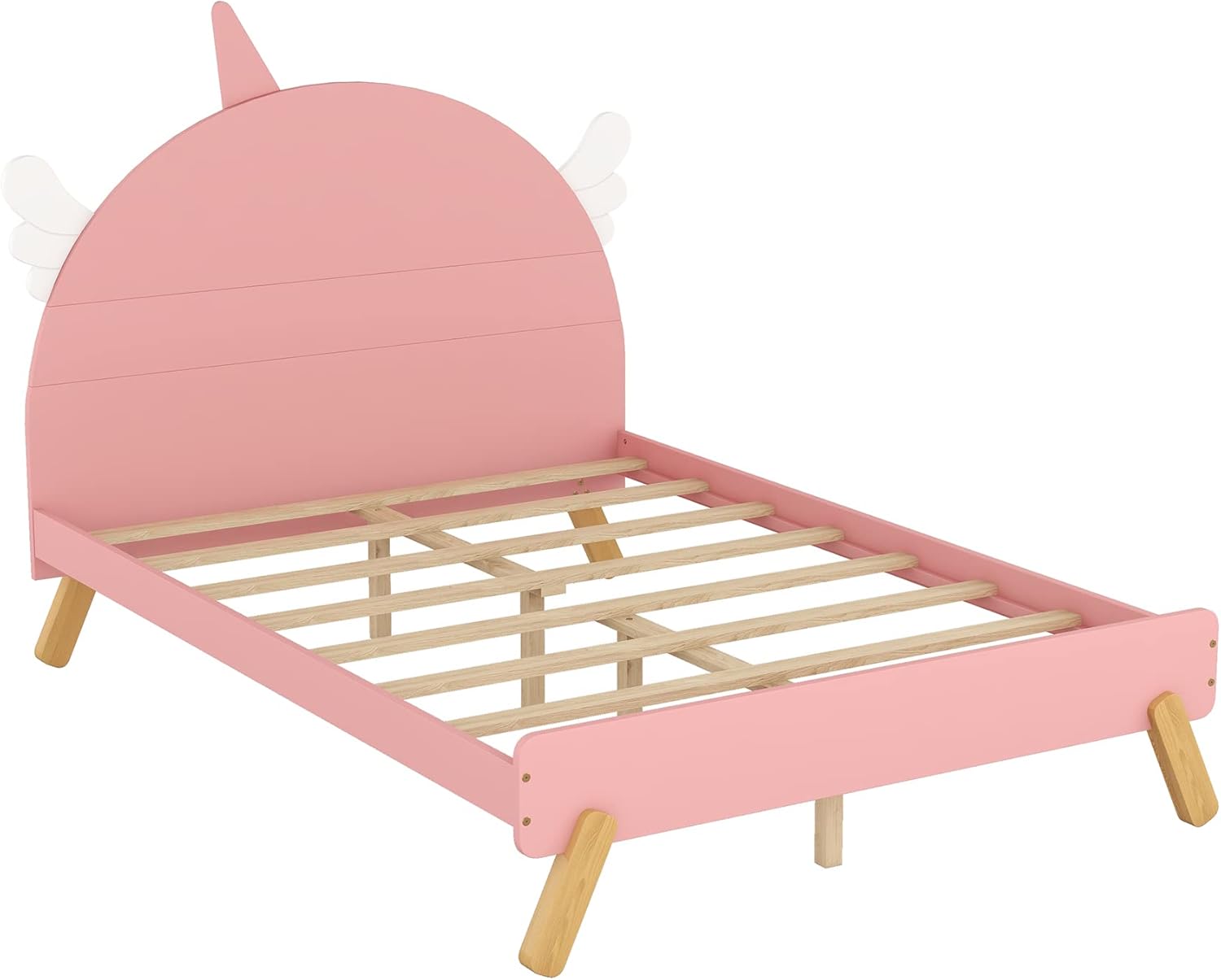 Cama de plataforma de tamaño matrimonial con cabecera en forma de unicornio, marco de cama de madera con soportes de listones, cama de tamaño