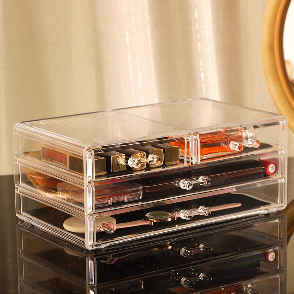 Cq acrylic 1 paquete de organizador de cajones de acrílico transparente, apilable, 4 cajones, organizador de maquillaje lindo cubo para clip de