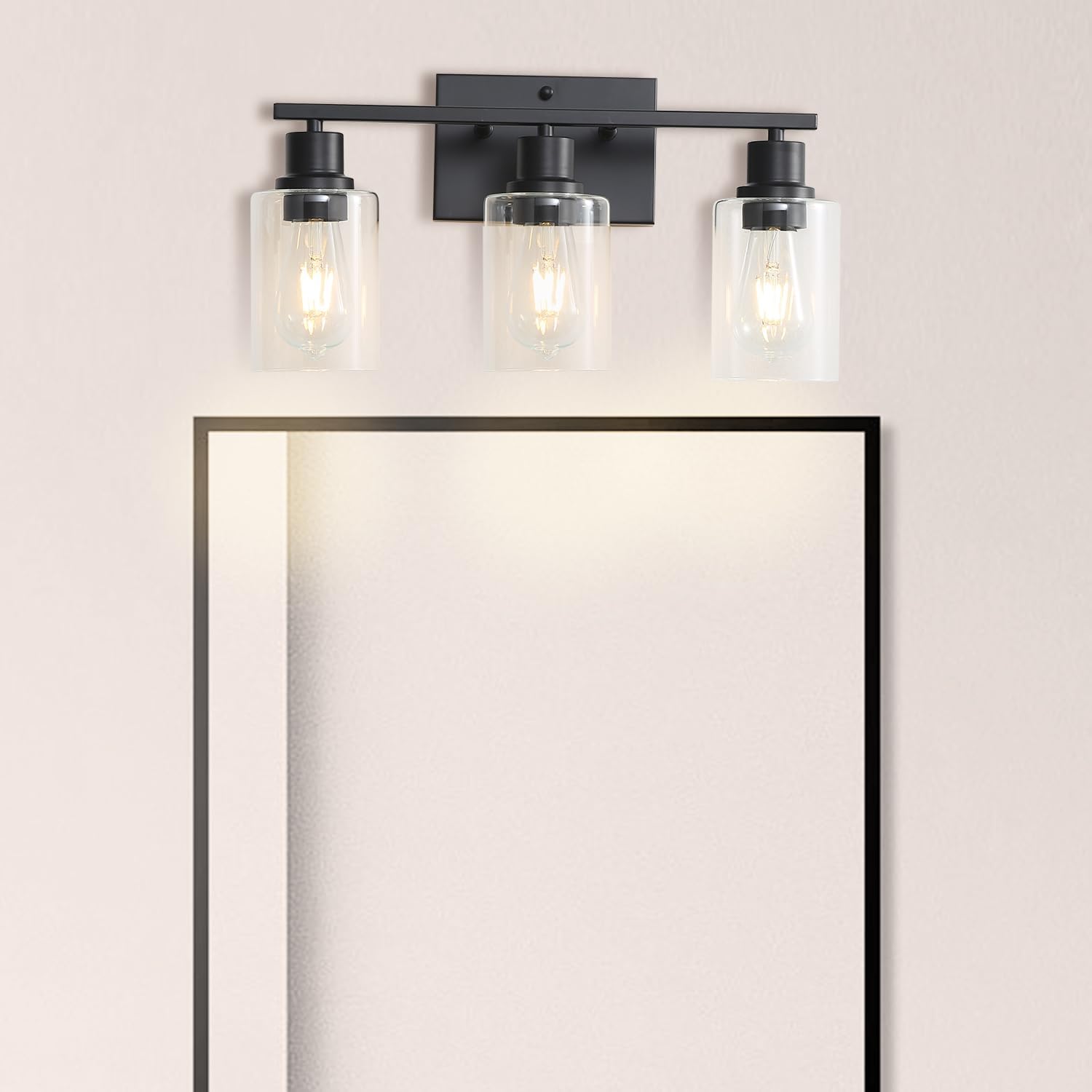Lámparas de tocador de baño de 3 luces, apliques de pared negro mate con pantallas de vidrio transparente, iluminación de pared moderna de granja