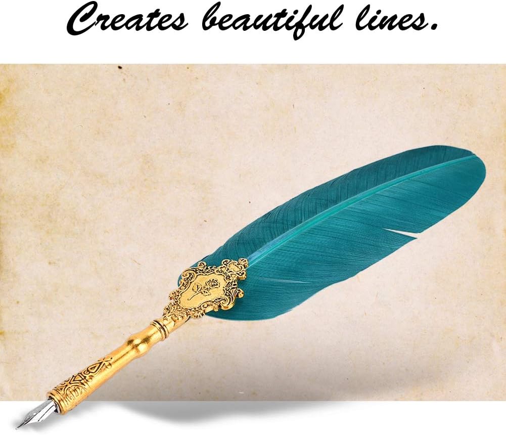 Zerone Juego de plumas retro, pluma estilográfica clásica europea, pluma de pavo real antiguo, pluma de metal con punta de pluma de escritura, caja