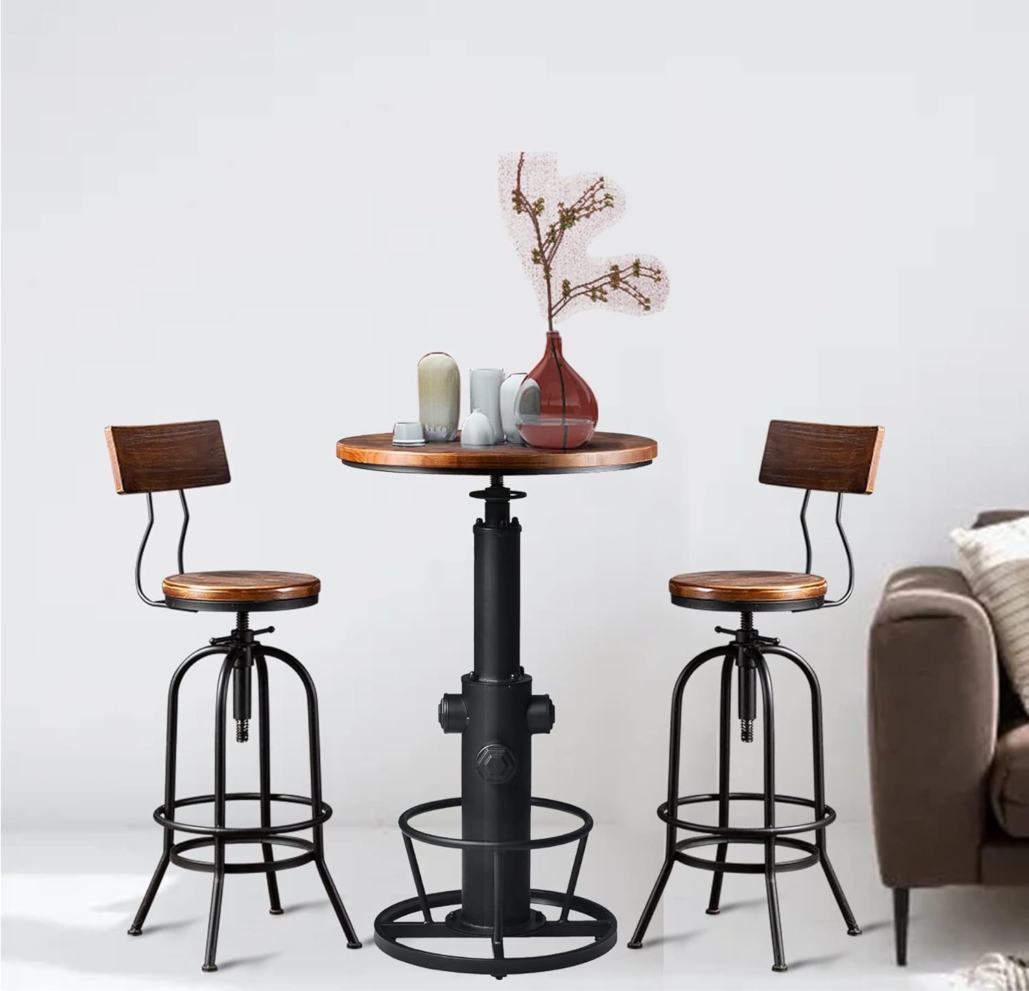 LOKKHAN Mesa de bar industrial de 38.6 a 48.4 pulgadas de altura ajustable giratoria redonda de madera de 23.7 pulgadas de diámetro, cocina,