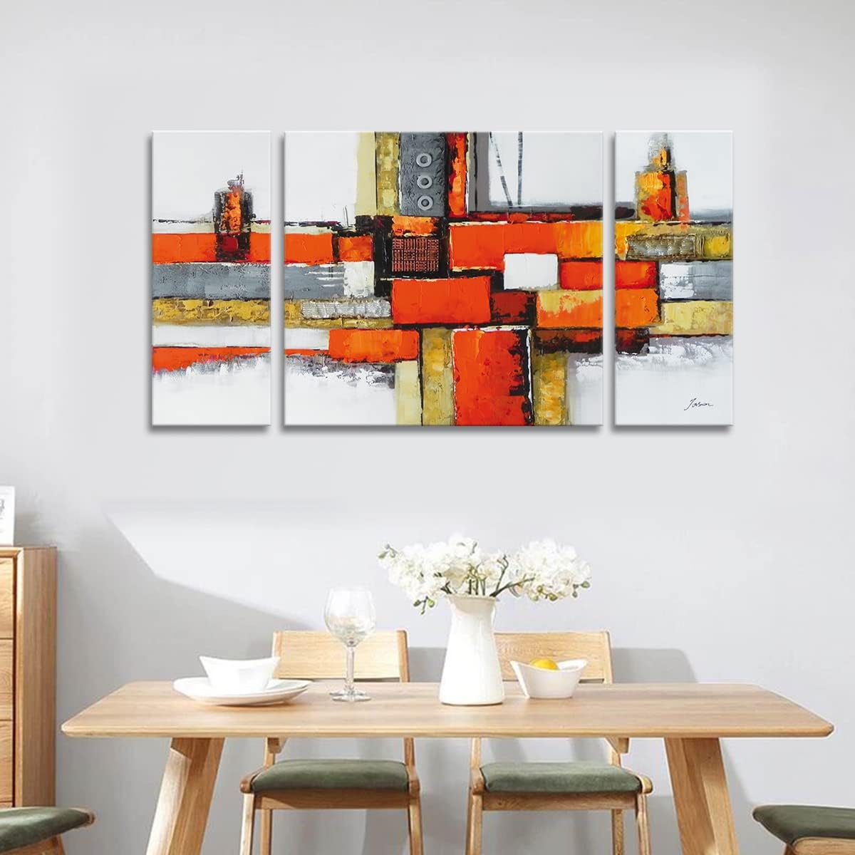 Noah Art -Arte de pared naranja, pintura al óleo 100% pintada a mano por Palette Knife Modern Pictures, 3 piezas estiradas y envueltas en galería,
