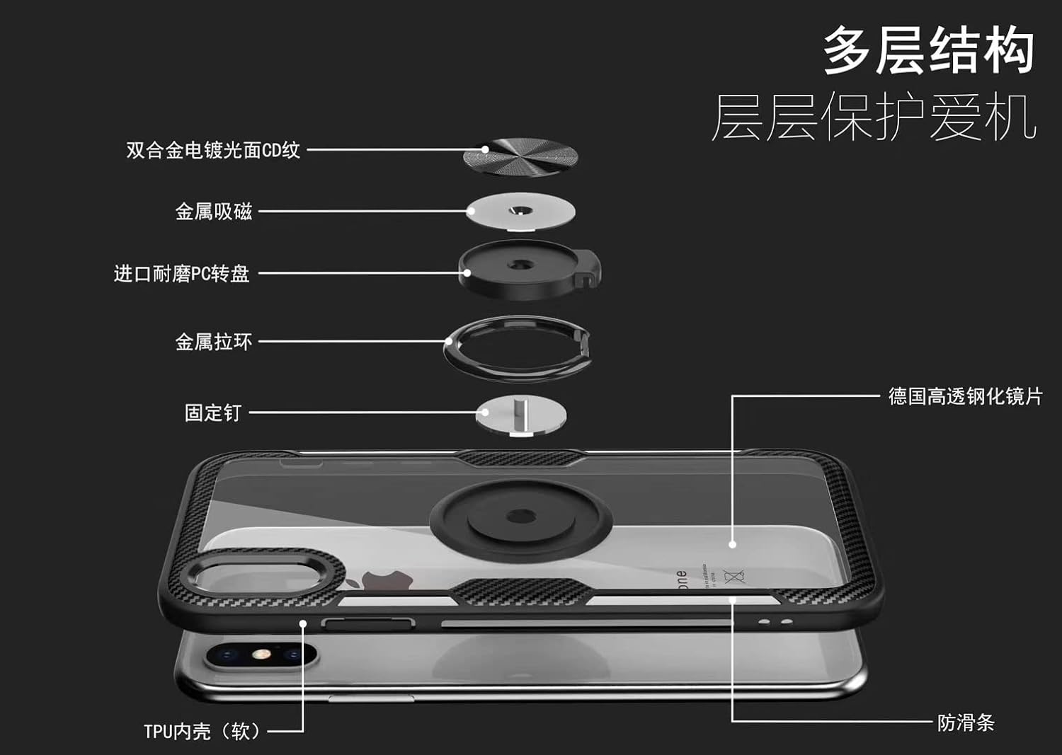 Funda con anillo para iPhone XR, diseño de fibra de carbono de cristal transparente, antiarañazos, con soporte de anillo de rotación de 360 grados