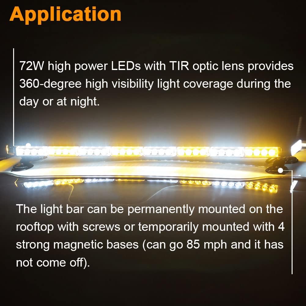AT-HAIHAN Barra de luz estroboscópica de emergencia LED de 37 pulgadas para techo magnético intermitente blanco ámbar para camiones, quitanieves,