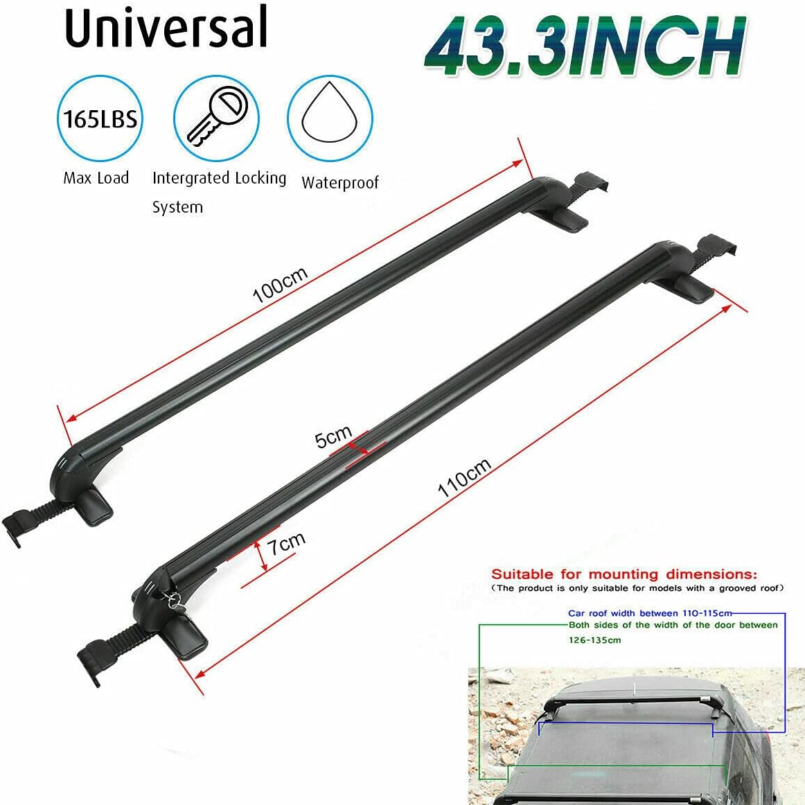Barras transversales de aluminio ajustables universales de 43.31 pulgadas para portaequipajes con bloqueo antirrobo, capacidad de carga de 165