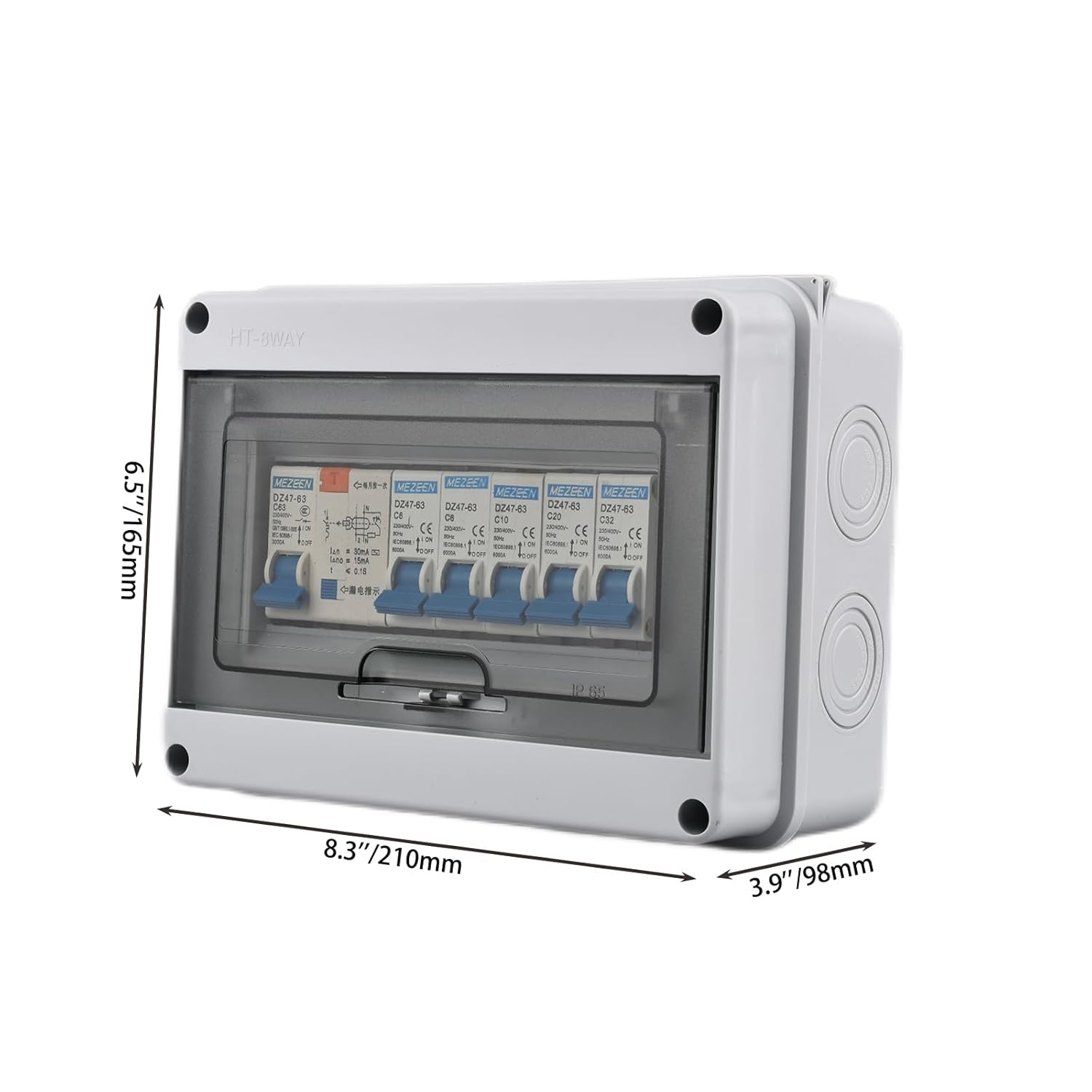 Disyuntores de 8 vías con caja de distribución impermeable al aire libre 63A 220V protección de cortocircuito de sobrecarga de fugas a tierra (6A,