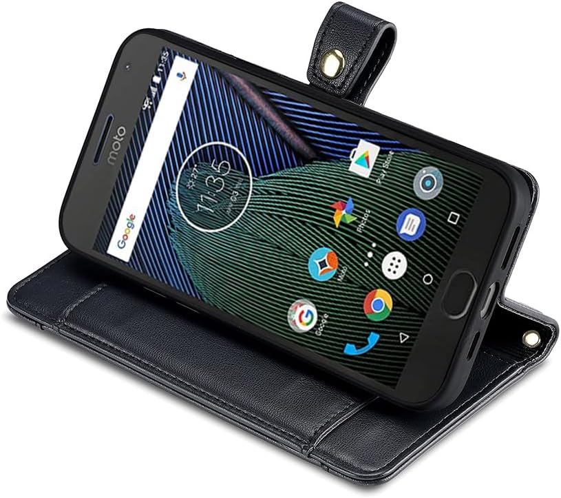 Asuwish Funda de teléfono para Moto G5 Plus Funda tipo cartera y protector de pantalla con cremallera para tarjetero, soporte de cuero para celda,