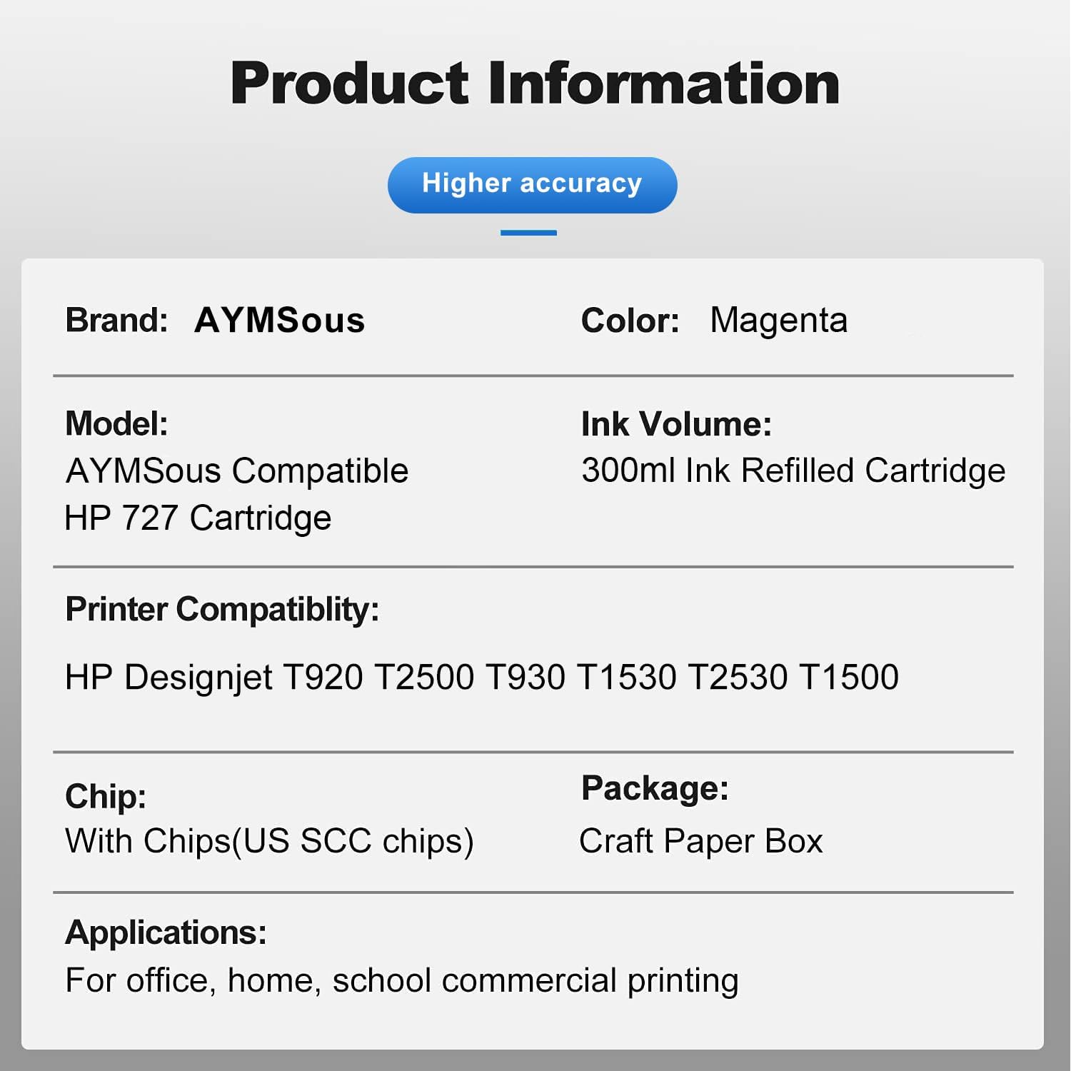 Compatible con HP 727 Magenta 300ML Cartucho de tinta remanufacturado de repuesto para HP 727 para HP 727 para HP 727M para impresoras HP DesignJet