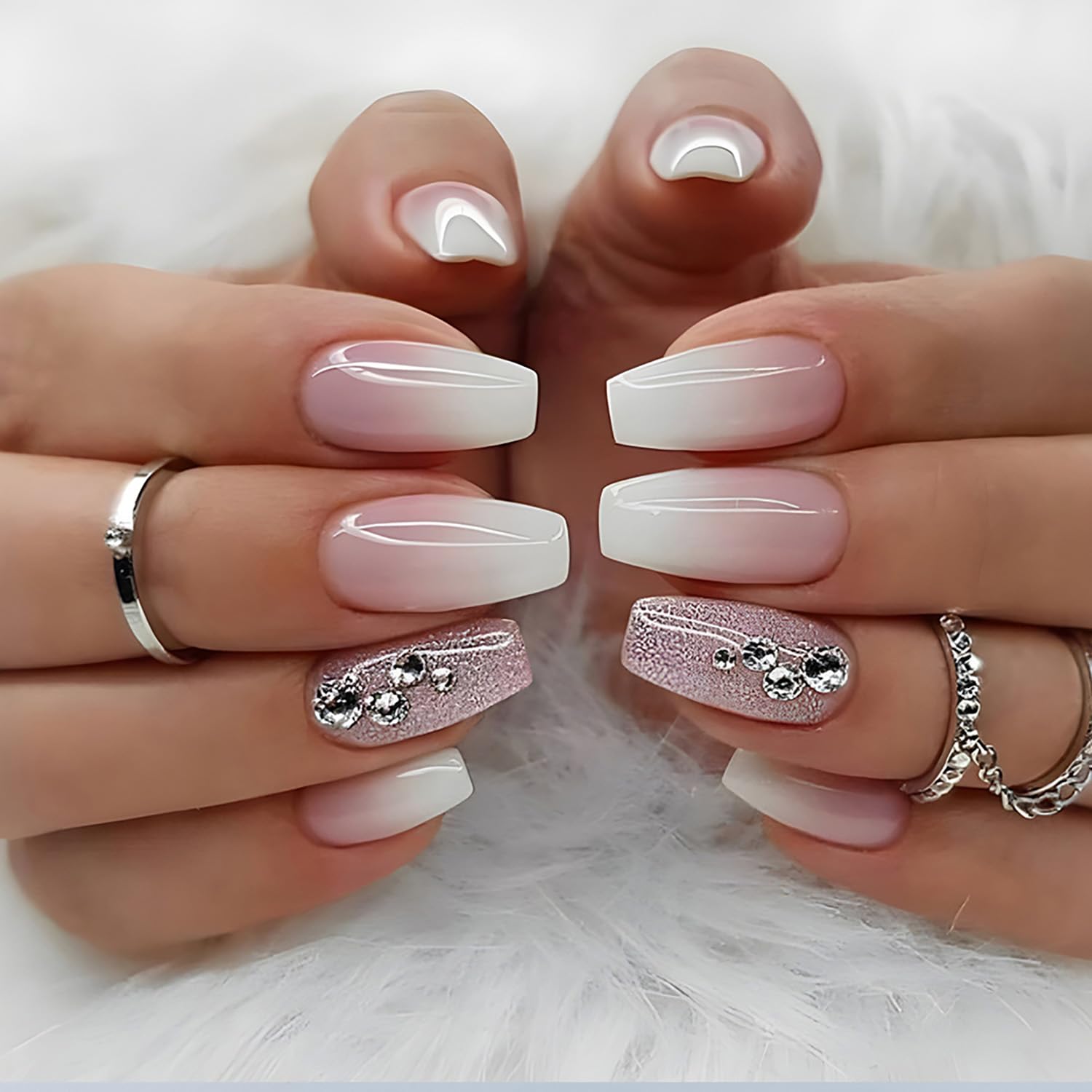 Uñas postizas medianas a presión, uñas postizas acrílicas de ataúd con diseño de brillantina, uñas con pegamento de diamantes de imitación,