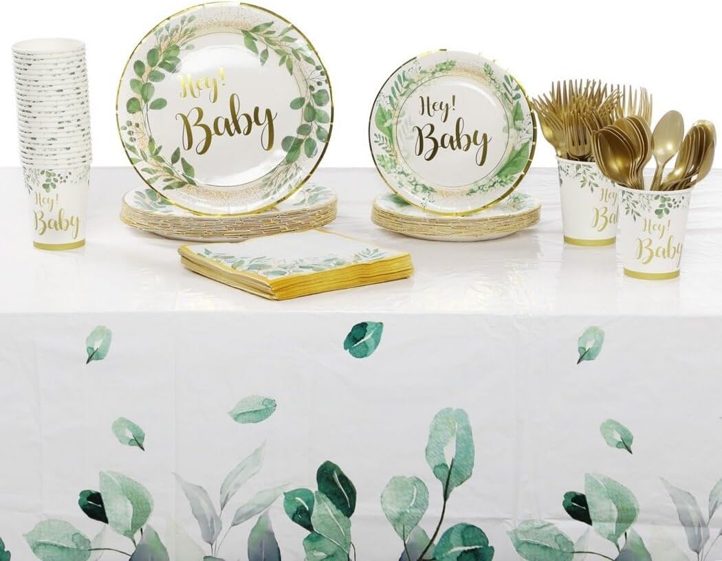 151 piezas de suministros para fiesta de baby shower, tazas de papel verde, platos, servilletas, cubiertos, kit para 25, decoración de vajilla