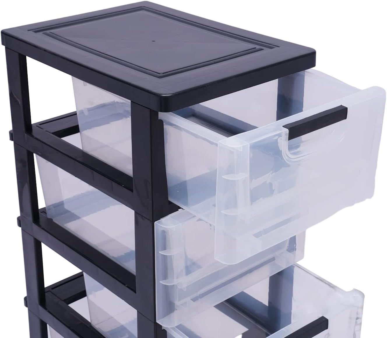 Gabinete de almacenamiento de plástico con 5 cajones, caja de almacenamiento vertical apilable para ropa, organizador de torre con puertas