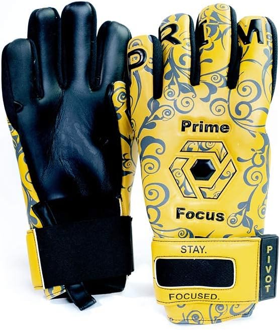 Prime Focus Goalkeeping Pivot Gold – Guantes de portero para jóvenes y fútbol para adultos (tallas 6-10), guantes de portero de calidad profesional,