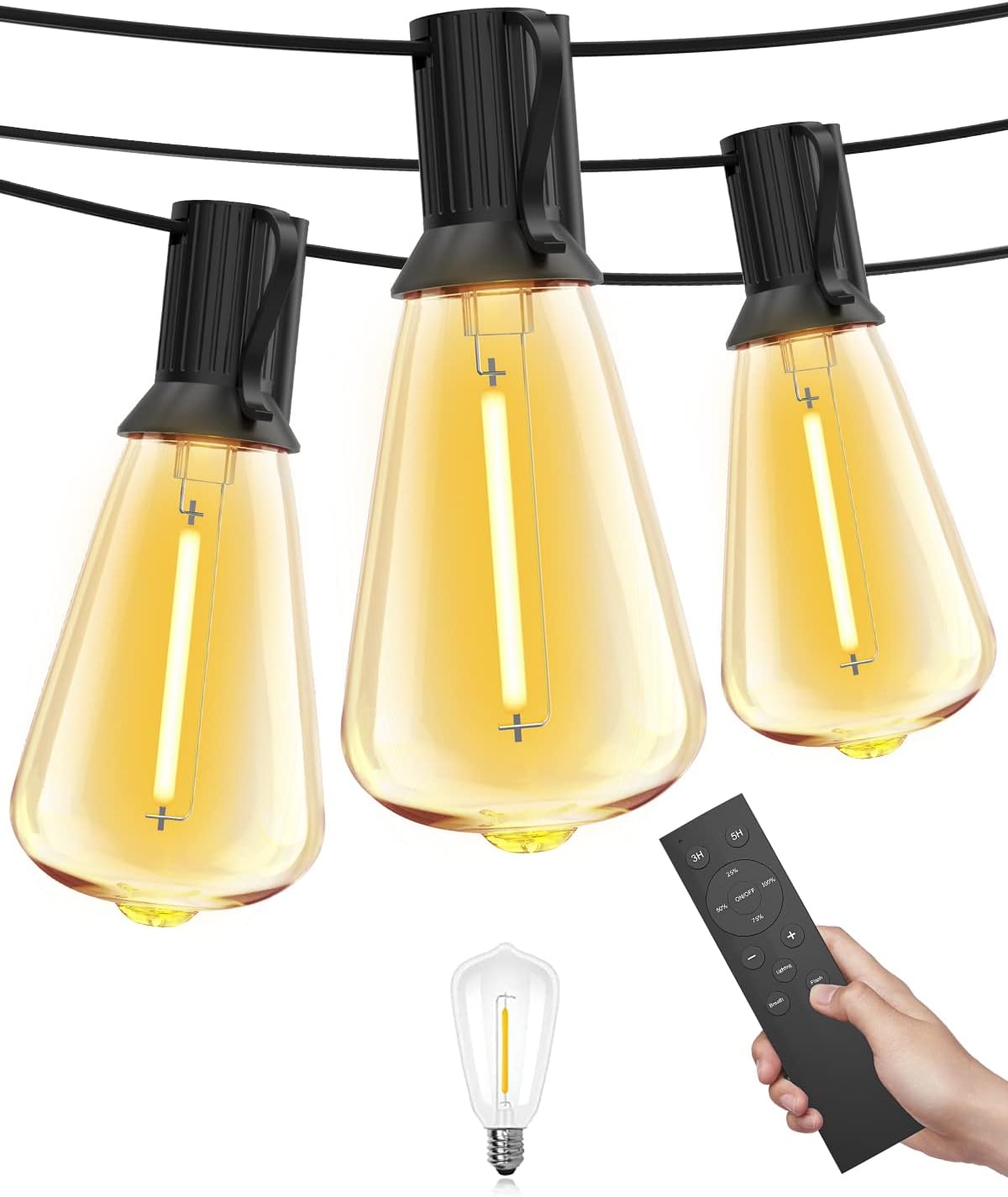 doopo Tira de luces para exteriores de 50 pies con atenuador, luces de patio ST38 con 25+1 bombillas LED regulables, inastillables, ahorro de
