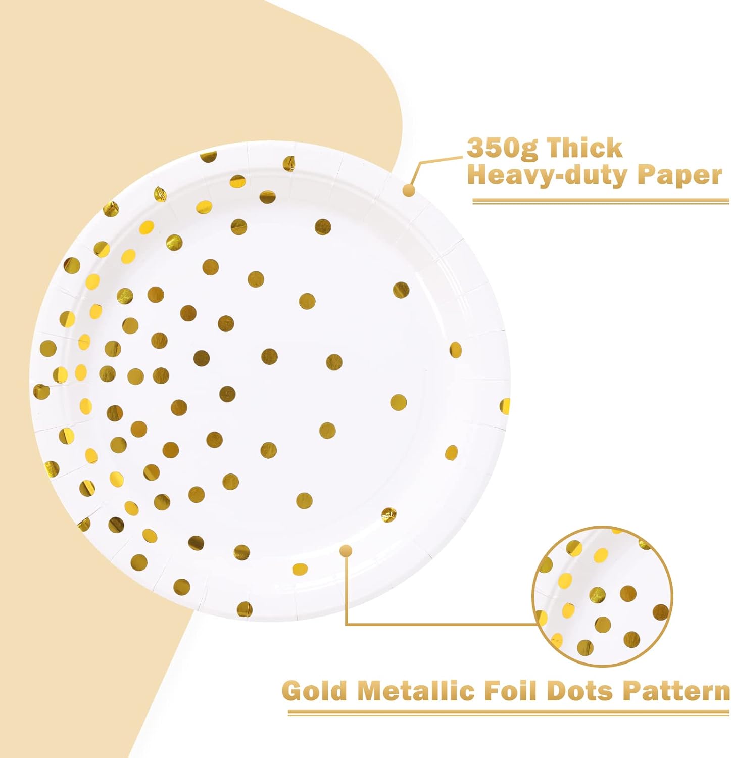 Suministros de fiesta blancos y dorados, platos de postre de papel de punto dorado (50 unidades)