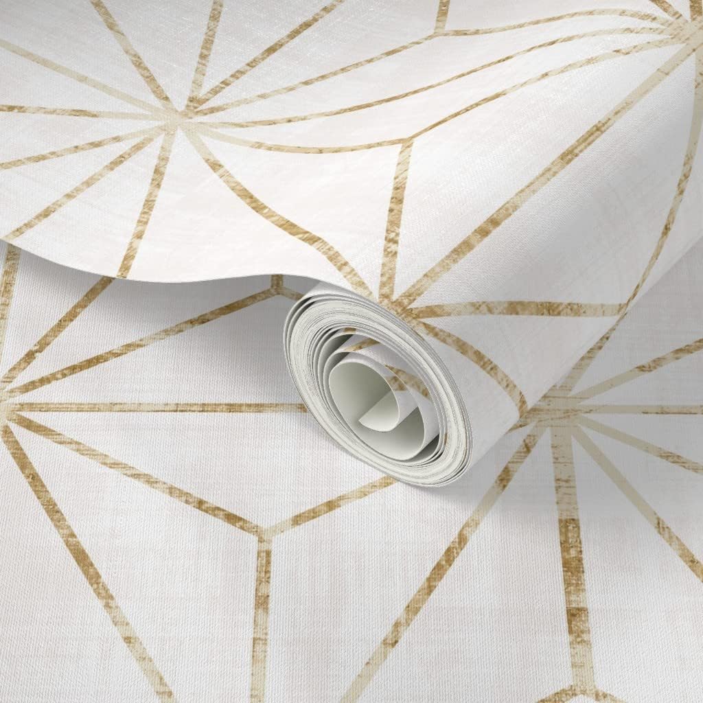 Spoonflower Papel tapiz autoadhesivo de 3 x 2 pies, diseño de triángulos geométricos de oro blanco con estrellas, abstracto, minimalista,