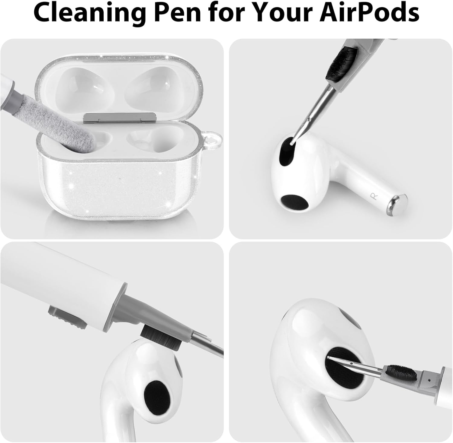 AIRSPO Funda para Airpods de 3 generación, funda para AirPods 3 con kit de limpieza, funda protectora de TPU transparente con purpurina para Apple