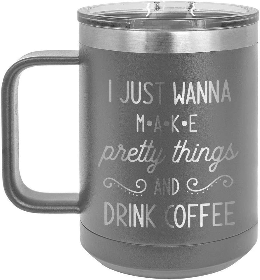 Taza de café gris con tapa deslizante para hacer cosas bonitas y bebidas, taza de café gris de 15 onzas, taza de café con aislamiento para viajes,