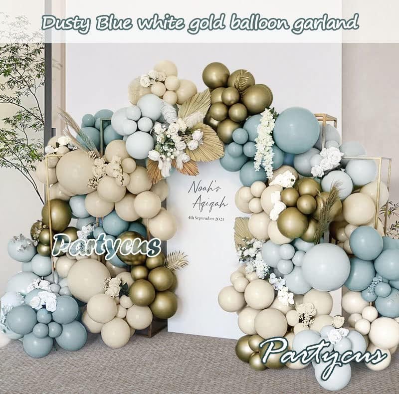 Guirnalda de globos de color azul polvoriento, globo azul claro pastel, kit de arco de globos de color blanco, arena, beige, crema, globos dorados