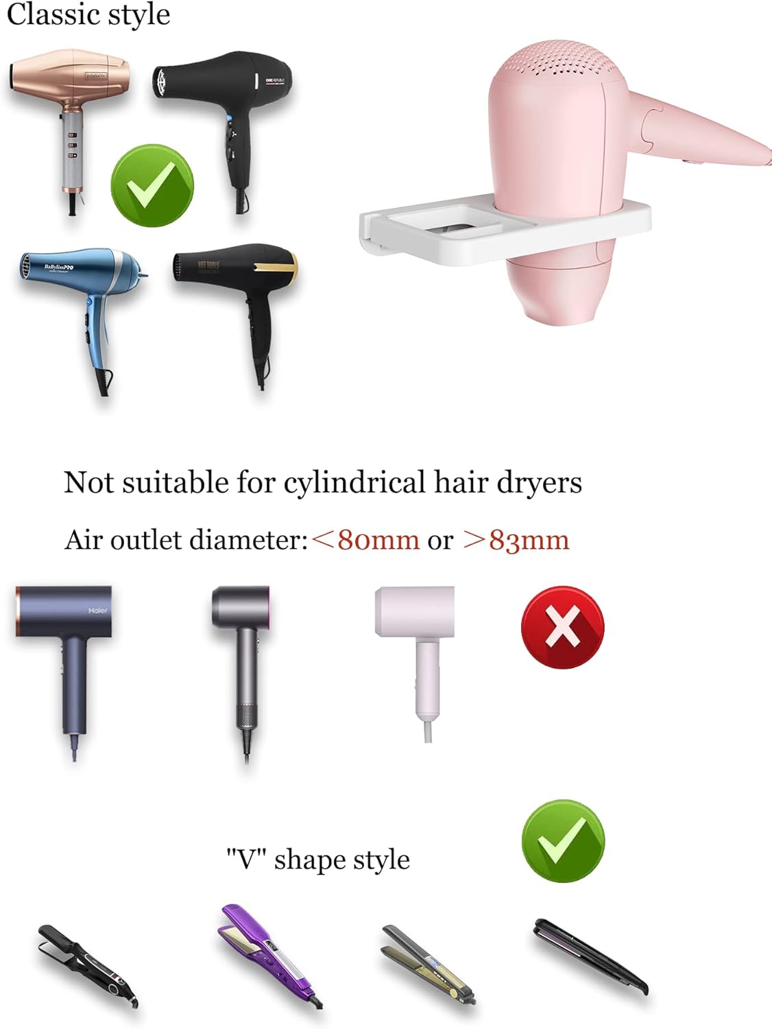 Soporte de pared para secador de pelo, compatible con soporte de hierro plano, soporte de pared para almacenamiento de herramientas de cabello,