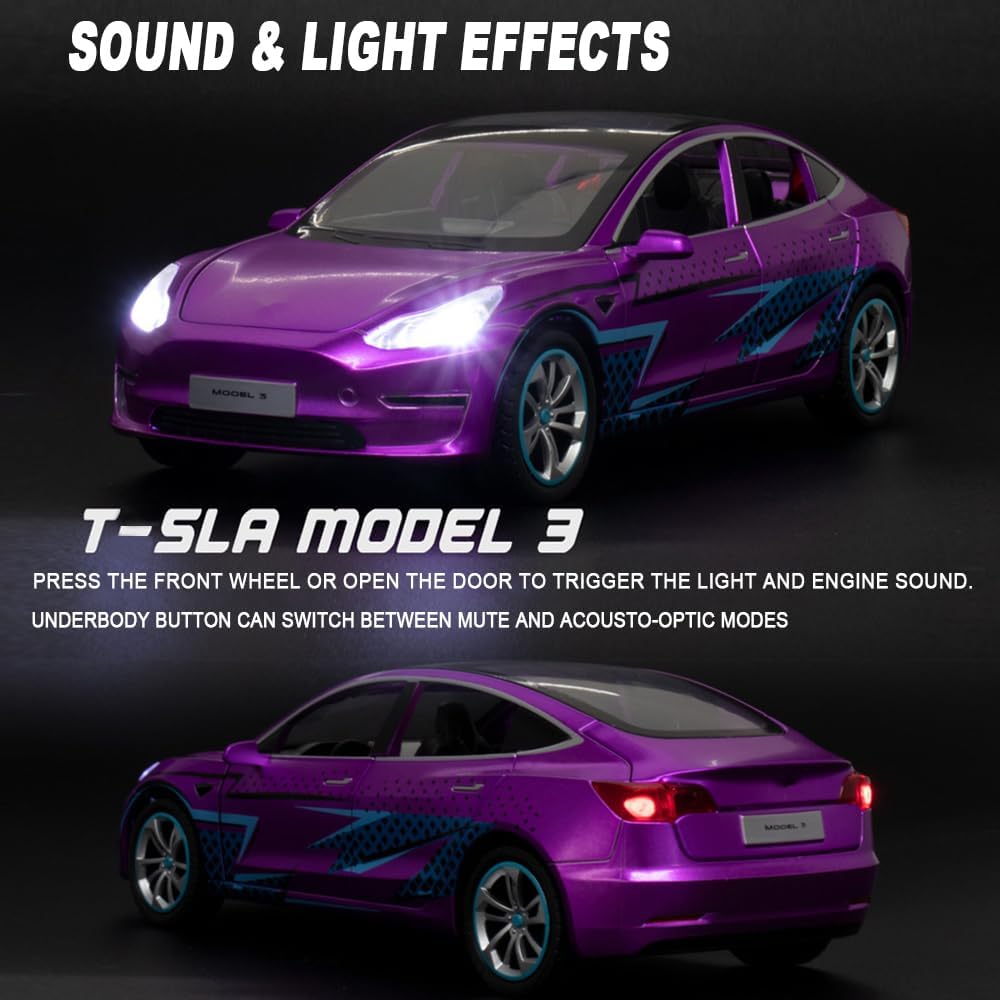 Coches de juguete a escala 124 compatibles con el modelo 3, autos de metal fundido a presión con luzsonido, juguetes de auto para niños y niñas de 3