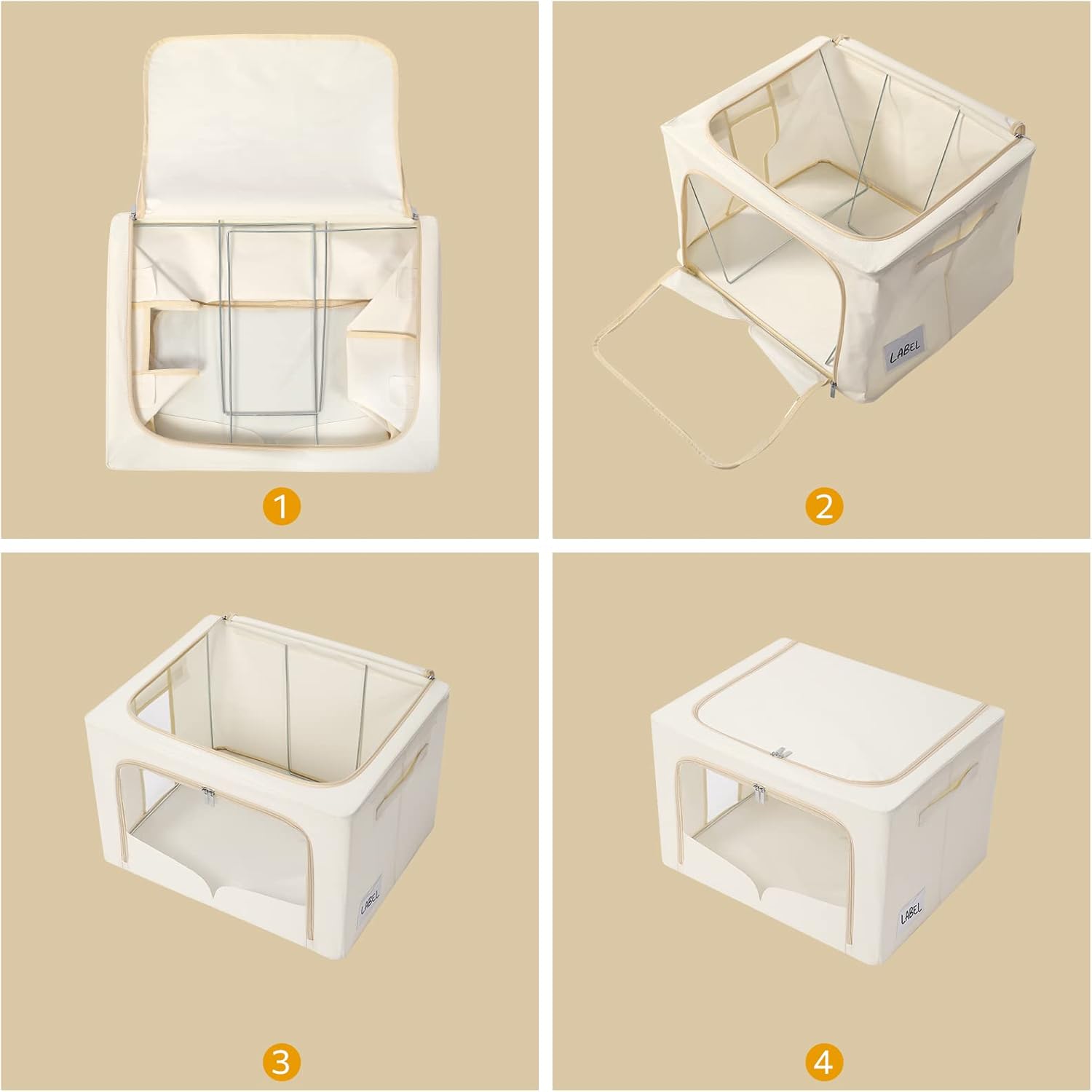 3 contenedores de almacenamiento de ropa con marco de metal, contenedores plegables de tela con tapa, cremalleras de ventana transparentes y asas