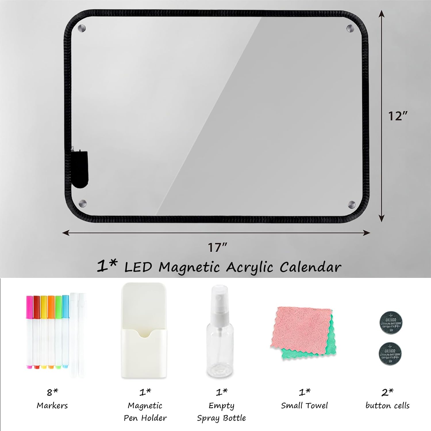 Calendario acrílico LED para refrigerador, pizarra magnética de borrado en seco de 17 x 12 pulgadas para refrigerador, calendario transparente,
