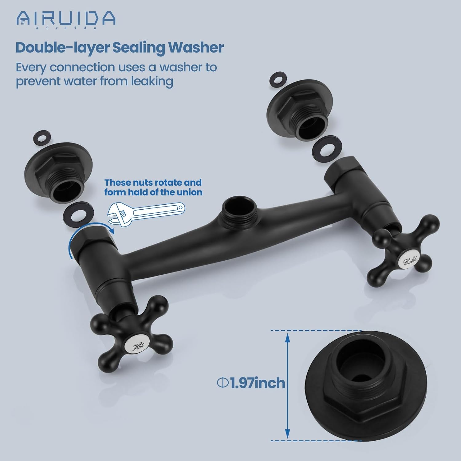 Airuida Grifo de latón negro mate de montaje en pared con doble mango y adaptador ajustable