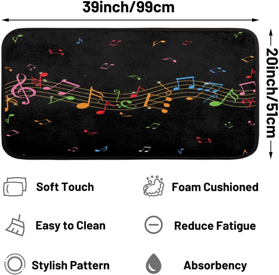 Alfombra colorida con notas musicales, antideslizante, lavable, suave, para cocina, dormitorio, sala de estar, baño, decoración del hogar, 39 x 20