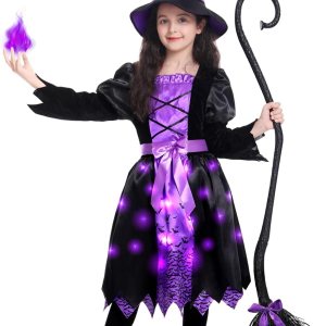 Disfraz de bruja de Halloween iluminado para niñas, conjunto de vestido de bruja con sombrero y escoba para fiestas de juegos de rol para niños Disfraz de bruja de Halloween iluminado para niñas, conjunto de vestido de bruja con sombrero y escoba para fiestas de juegos de rol para niños