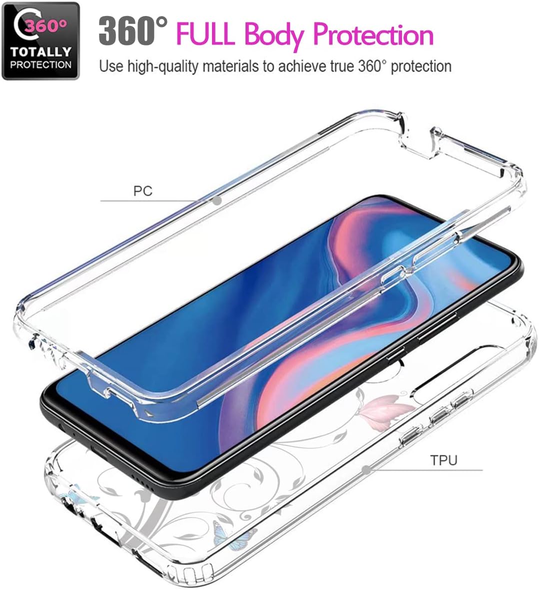 Vavies Funda para Y9 Prime 2019Honor 9XP Smart Z con protector de pantalla de vidrio templado, cuerpo completo transparente con protección de diseño